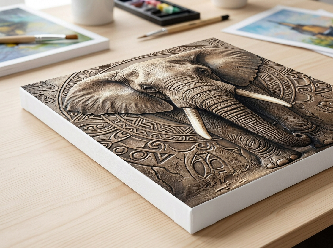 Premium canvas met olifant en voelbare 3D details